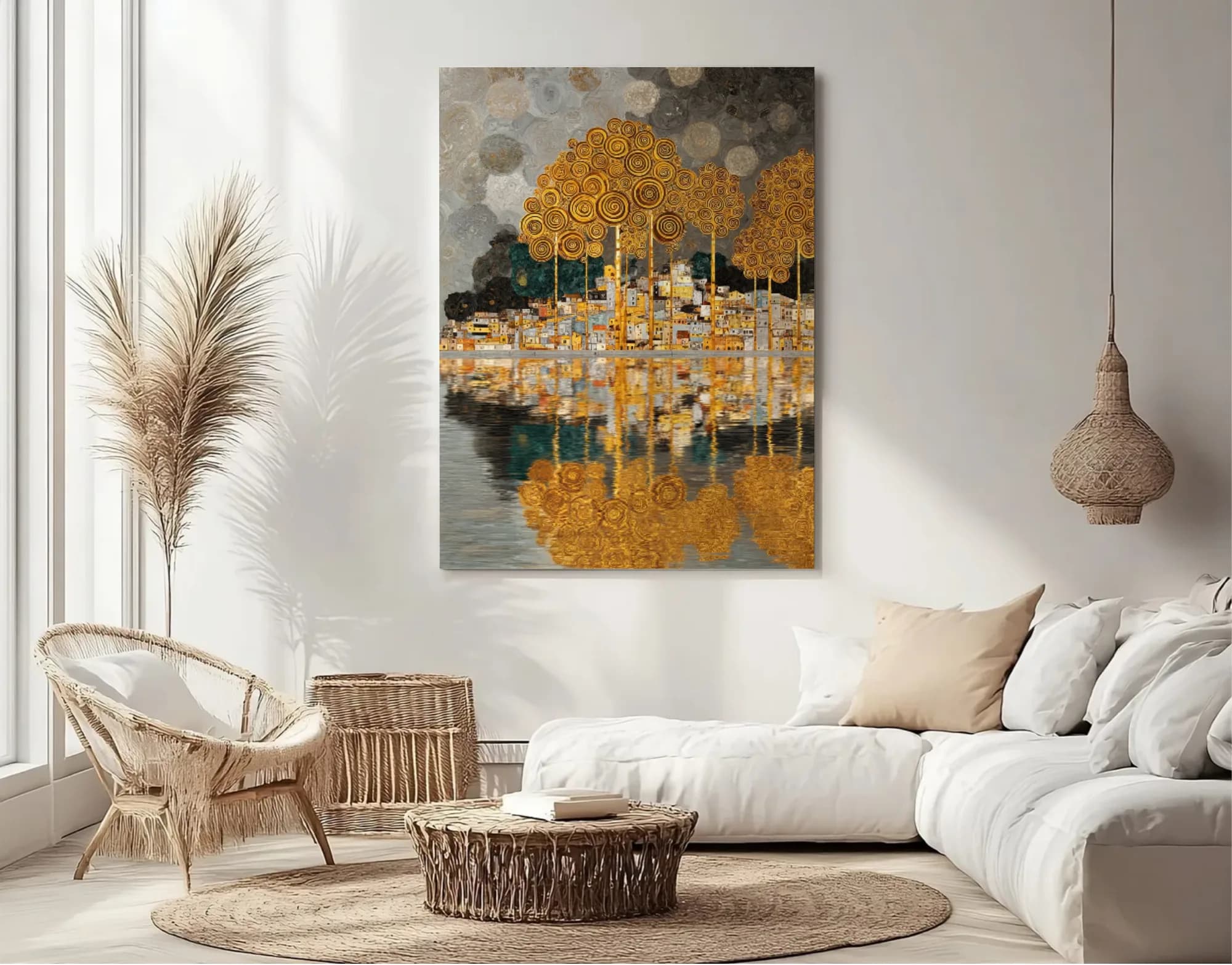 Canvas schilderij aan de muur in een woonkamer met een witte hoekbank